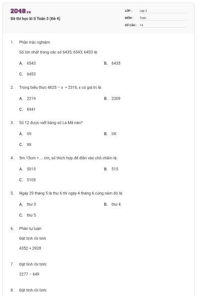 Đề thi học kì II Toán 3 (Đề 4)