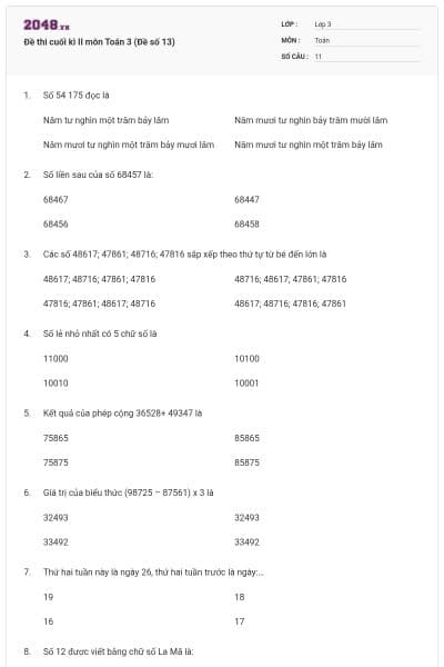 Đề thi cuối kì II môn Toán 3 (Đề số 13)