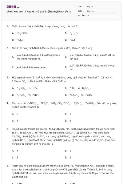 Đề thi Hóa học 11 Học kì 1 có đáp án (Trắc nghiệm - Đề 1)