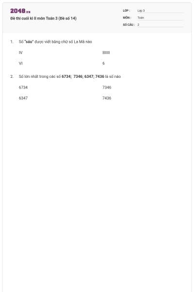 Đề thi cuối kì II môn Toán 3 (Đề số 14)