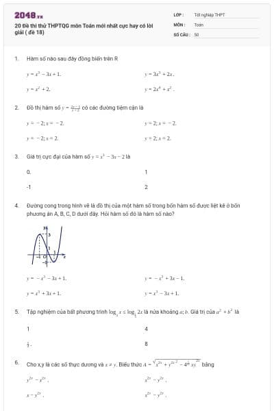 20 Đề thi thử THPTQG môn Toán mới nhất cực hay có lời giải ( đề 18)
