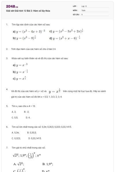 Giải sbt Giải tích 12 Bài 2: Hàm số lũy thừa