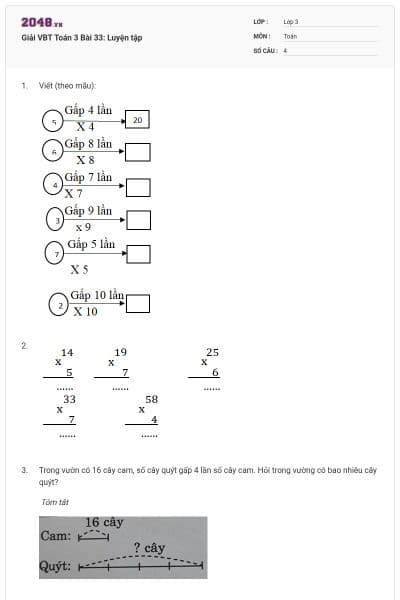 Giải VBT Toán 3 Bài 33: Luyện tập