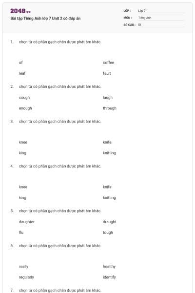 Bài tập Tiếng Anh lớp 7 Unit 2 có đáp án