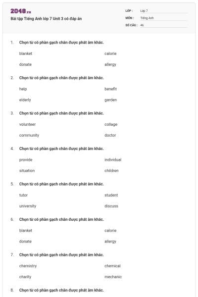 Bài tập Tiếng Anh lớp 7 Unit 3 có đáp án