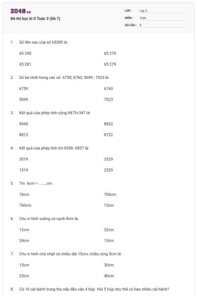Đề thi học kì II Toán 3 (Đề 7)