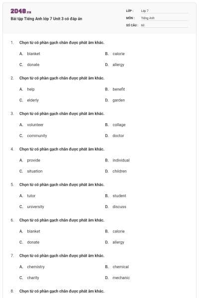 Bài tập Tiếng Anh lớp 7 Unit 3 có đáp án