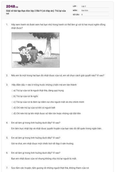 Giải vở bài tập Đạo đức lớp 2 Bài 9 (có đáp án): Trả lại của rơi