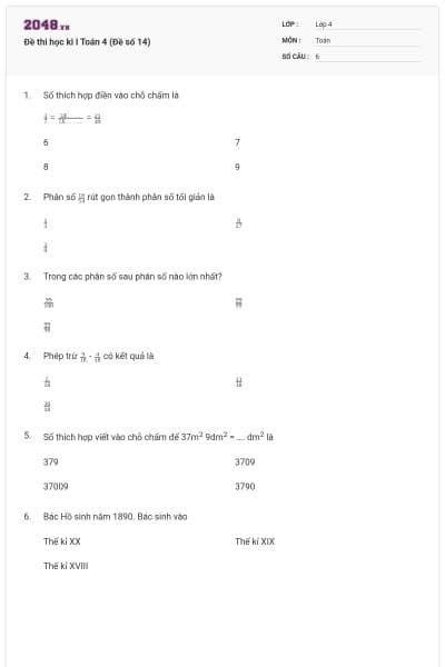 Đề thi học kì I Toán 4 (Đề số 14)