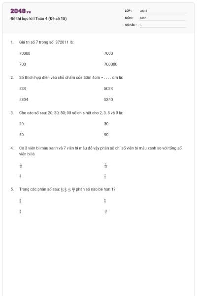 Đề thi học kì I Toán 4 (Đề số 15)