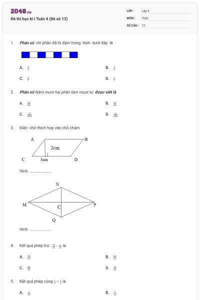 Đề thi học kì I Toán 4 (Đề số 13)