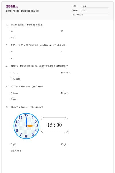 Đề thi học kì I Toán 4 (Đề số 16)