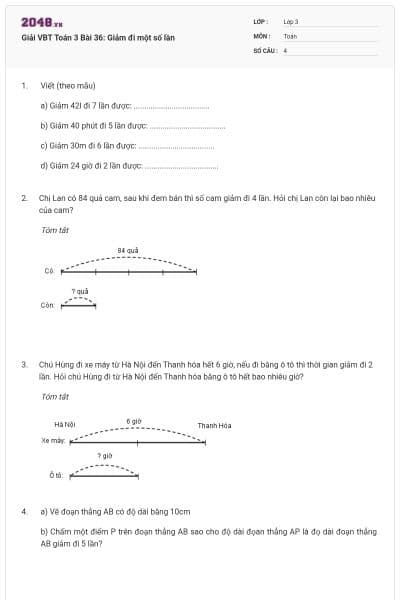 Giải VBT Toán 3 Bài 36: Giảm đi một số lần