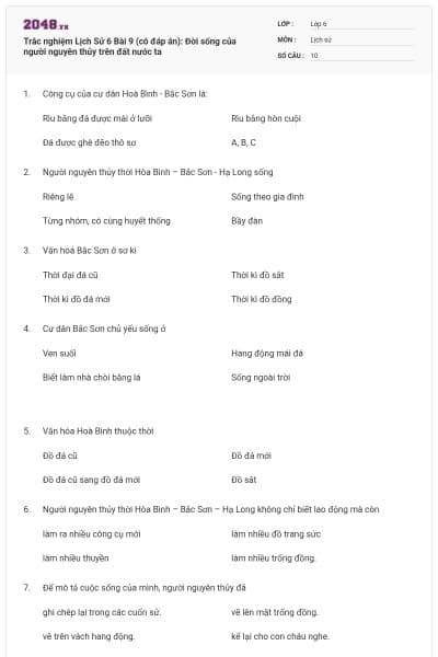 Trắc nghiệm Lịch Sử 6 Bài 9 (có đáp án): Đời sống của người nguyên thủy trên đất nước ta