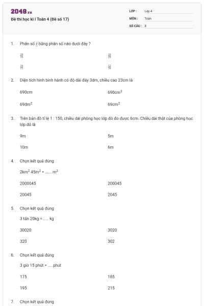 Đề thi học kì I Toán 4 (Đề số 17)