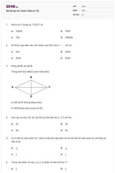 Đề thi học kì I Toán 4 (Đề số 15)