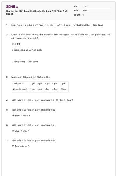 Giải bài tập SGK Toán 3 bài Luyện tập trang 129 Phần 2 có đáp án