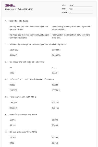 Đề thi học kì I Toán 4 (Đề số 18)