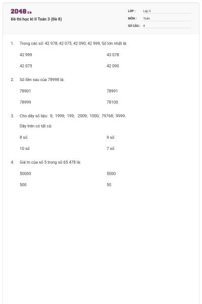 Đề thi học kì II Toán 3 (Đề 8)