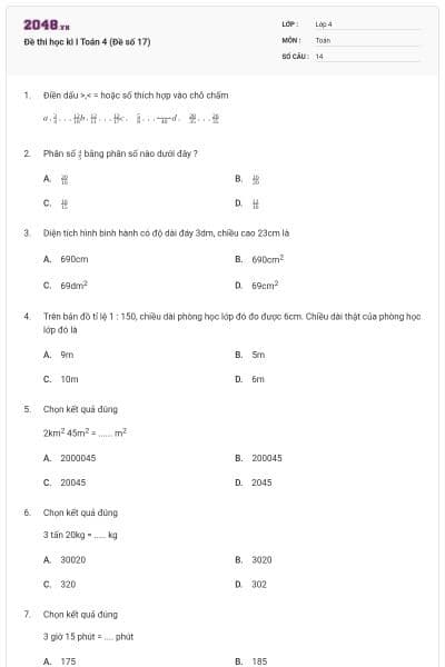 Đề thi học kì I Toán 4 (Đề số 17)