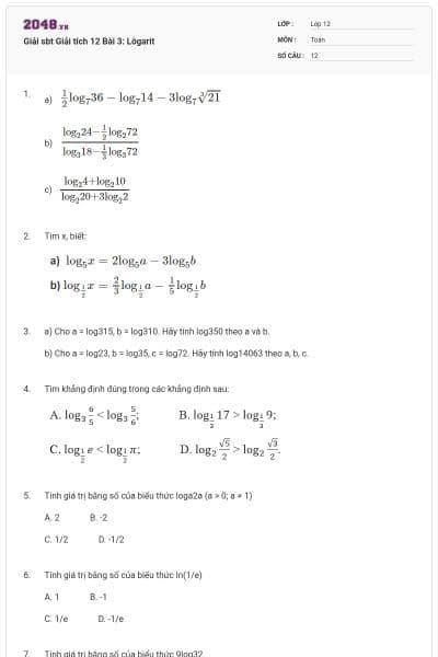 Giải sbt Giải tích 12 Bài 3: Lôgarit