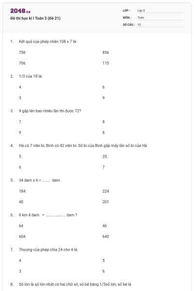 Đề thi học kì I Toán 3 (Đề 21)