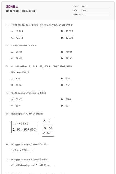 Đề thi học kì II Toán 3 (Đề 8)