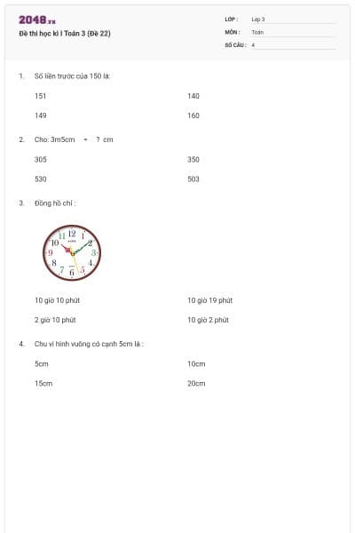 Đề thi học kì I Toán 3 (Đề 22)