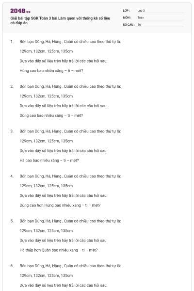 Giải bài tập SGK Toán 3 bài Làm quen với thống kê số liệu có đáp án