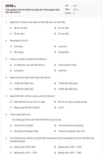 Trắc nghiệm Lịch Sử 6 Bài 8 (có đáp án): Thời nguyên thủy trên đất nước ta