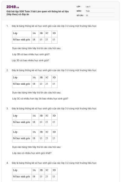 Giải bài tập SGK Toán 3 bài Làm quen với thống kê số liệu (tiếp theo) có đáp án