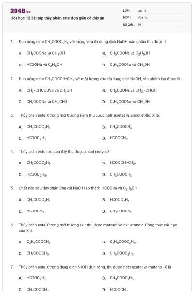 Hóa học 12 Bài tập thủy phân este đơn giản có đáp án