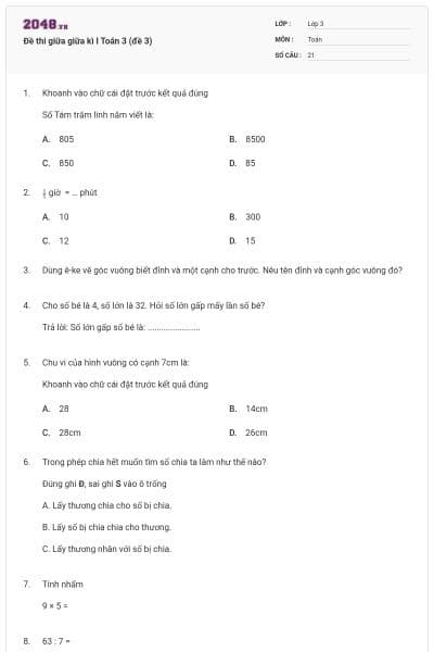 Đề thi giữa giữa kì I Toán 3 (đề 3)
