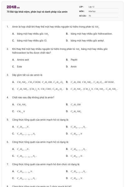 70 Bài tập khái niệm, phân loại và danh pháp của amin
