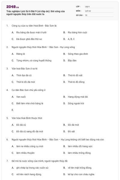 Trắc nghiệm Lịch Sử 6 Bài 9 (có đáp án): Đời sống của người nguyên thủy trên đất nước ta