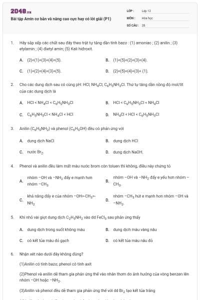 Bài tập Amin cơ bản và nâng cao cực hay có lời giải (P1)