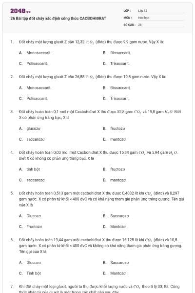 26 Bài tập đốt cháy xác định công thức CACBOHIĐRAT