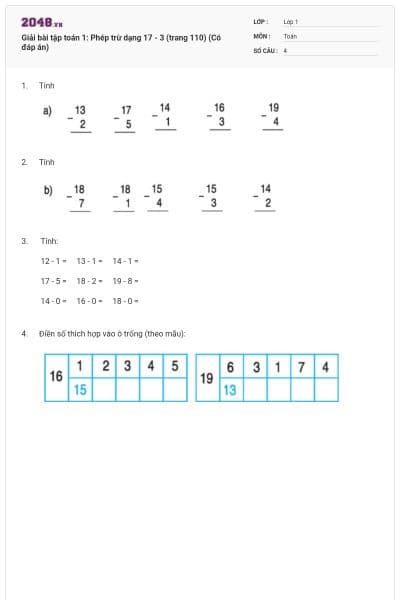 Giải bài tập toán 1: Phép trừ dạng 17 - 3 (trang 110) (Có đáp án)