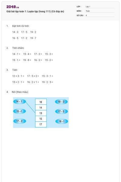Giải bài tập toán 1: Luyện tập (trang 111) (Có đáp án)