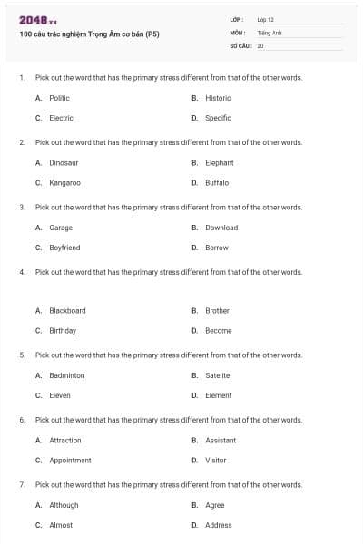 100 câu trắc nghiệm Trọng Âm cơ bản (P5)