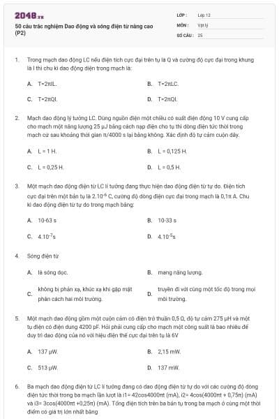 50 câu trắc nghiệm Dao động và sóng điện từ nâng cao (P2)