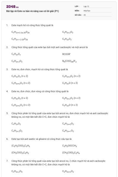 Bài tập về Este cơ bản và nâng cao có lời giải (P1)