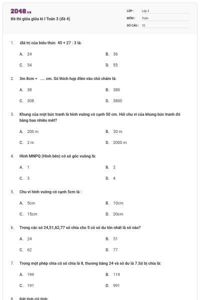 Đề thi giữa giữa kì I Toán 3 (đề 4)