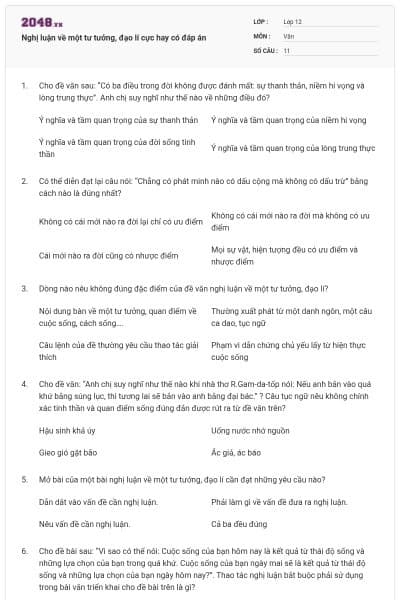 Nghị luận về một tư tưởng, đạo lí cực hay có đáp án