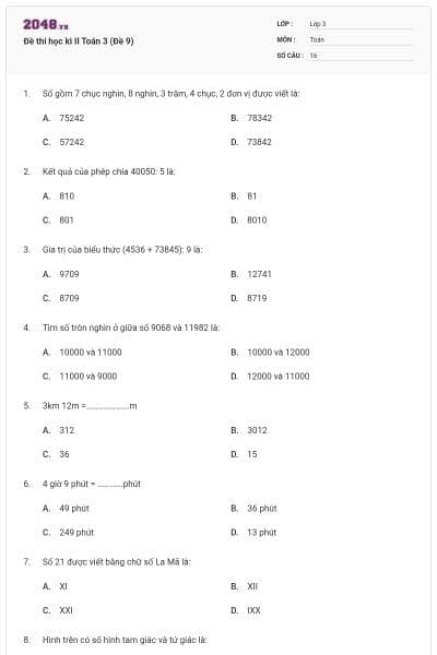 Đề thi học kì II Toán 3 (Đề 9)