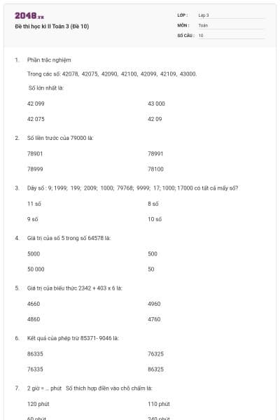 Đề thi học kì II Toán 3 (Đề 10)