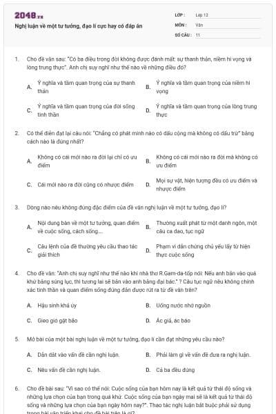 Nghị luận về một tư tưởng, đạo lí cực hay có đáp án