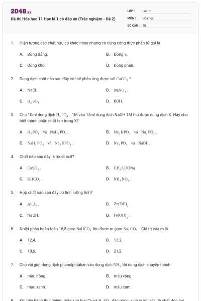 Đề thi Hóa học 11 Học kì 1 có đáp án (Trắc nghiệm - Đề 2)