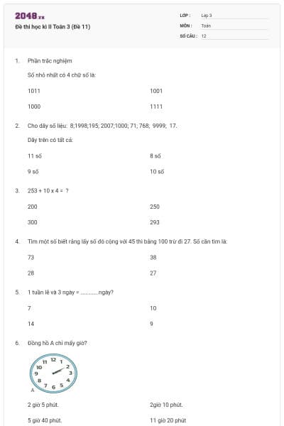 Đề thi học kì II Toán 3 (Đề 11)