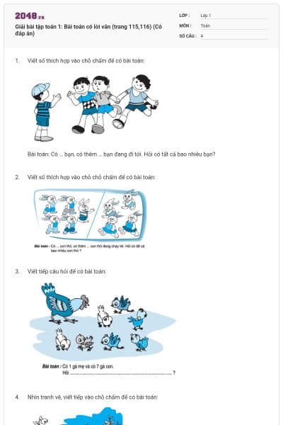 Giải bài tập toán 1: Bài toán có lời văn (trang 115,116) (Có đáp án)